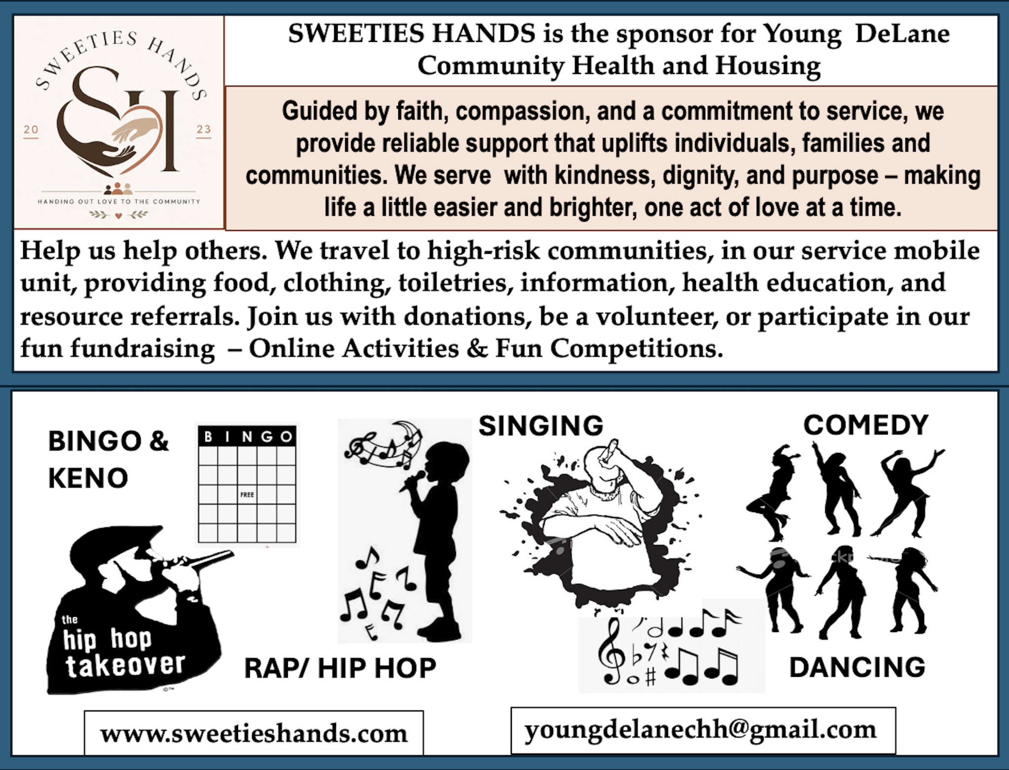 Games and Contests Flyer - Sweeties Hands sponsors fun fundraising activities including Bingo, Keno, Rap/Hip Hop, Singing, Comedy, and Dancing